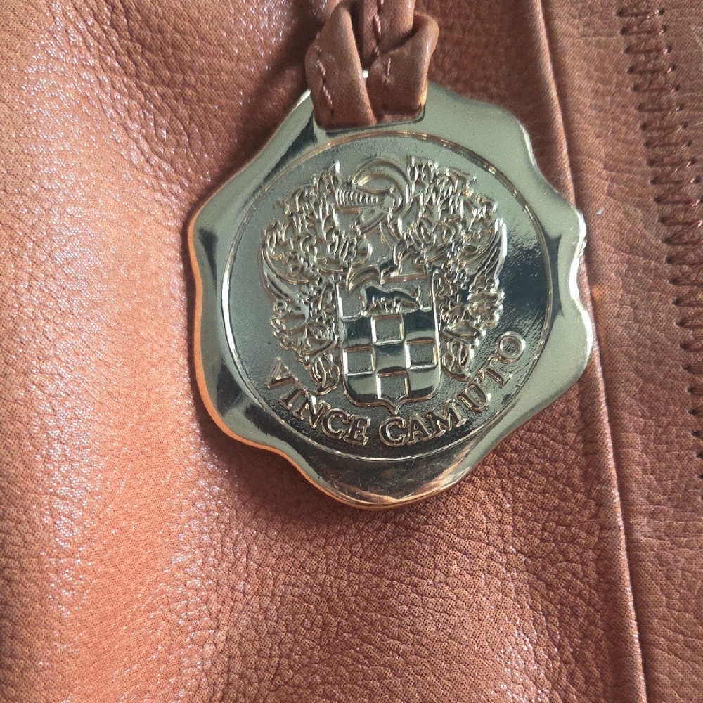 Vince Camuto Caramel Leather Tote with Gold Emblem